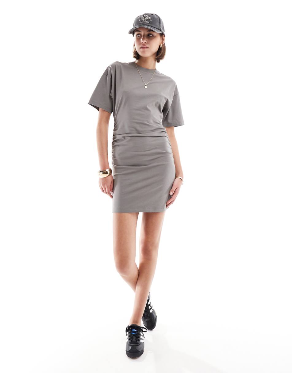 ASOS DESIGN crew neck mini t-shirt dress with ruched sides in silver gray