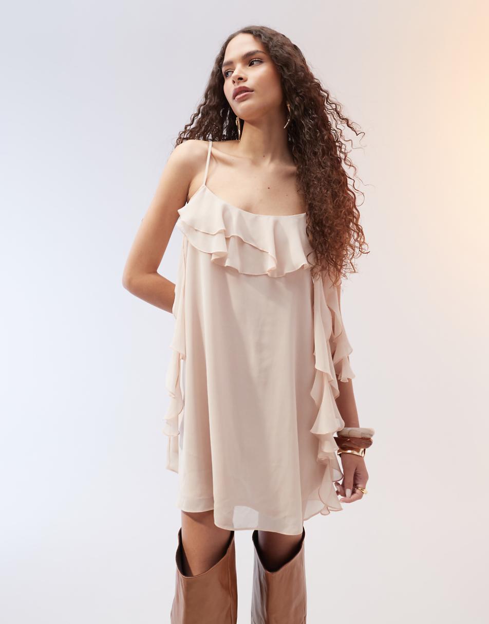 ASOS DESIGN frilly cami chiffon mini dress with open back detail in natural pale pink