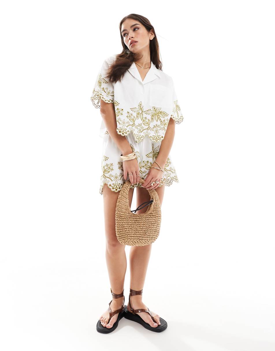 ASOS DESIGN cropped shirt with palm tree embroidery in white - part of a set