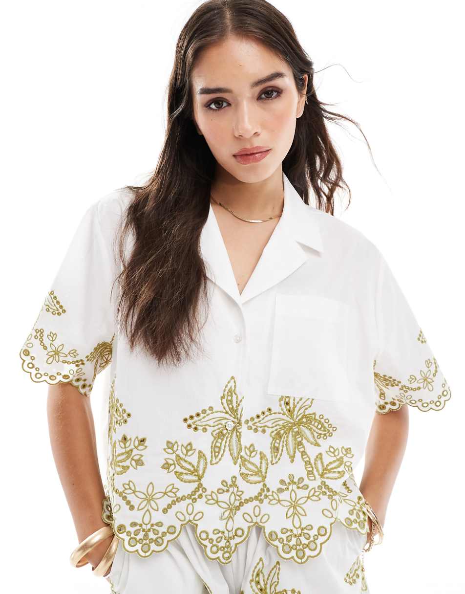 ASOS DESIGN cropped shirt with palm tree embroidery in white - part of a set