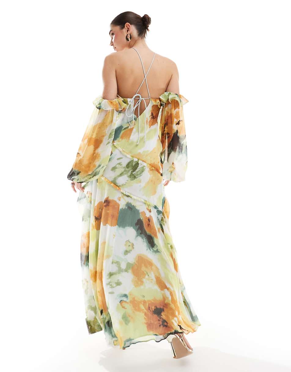 ASOS DESIGN cross neck cold shoulder maxi dress with ruffles in abstract floral print