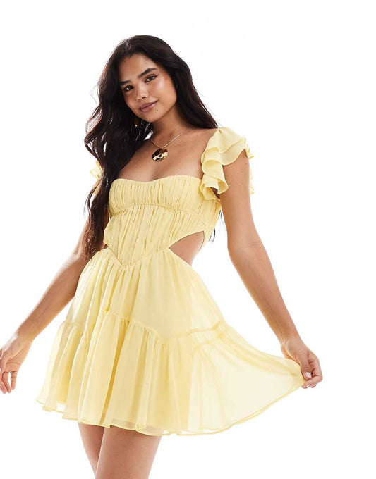 ASOS DESIGN flutter sleeve corset cut out mini skater dress in lemon