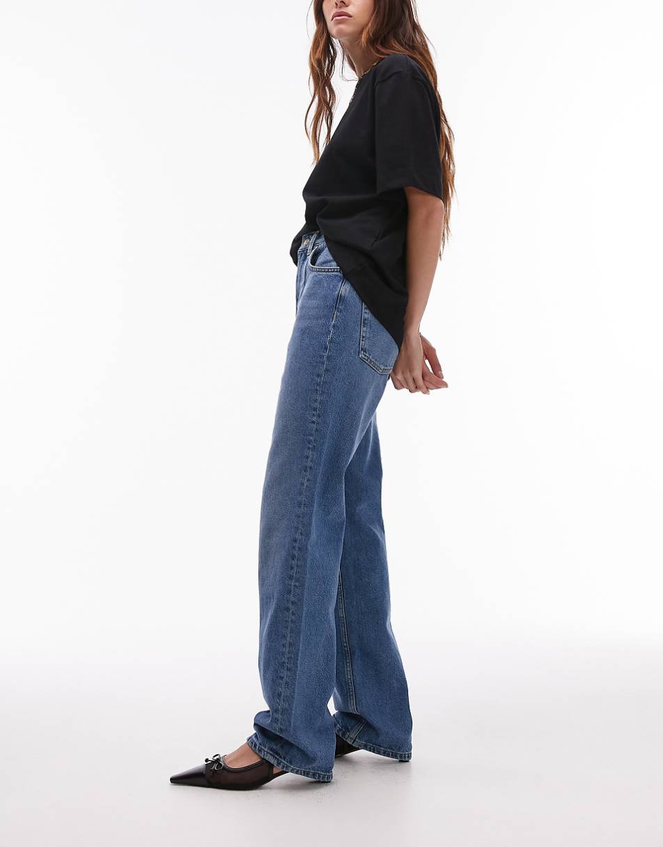 Topshop high rise straight Kort jeans in mid blue