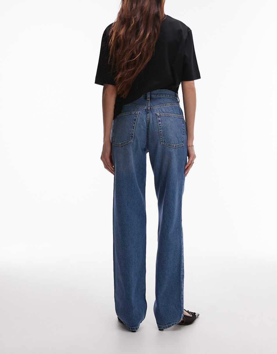 Topshop high rise straight Kort jeans in mid blue