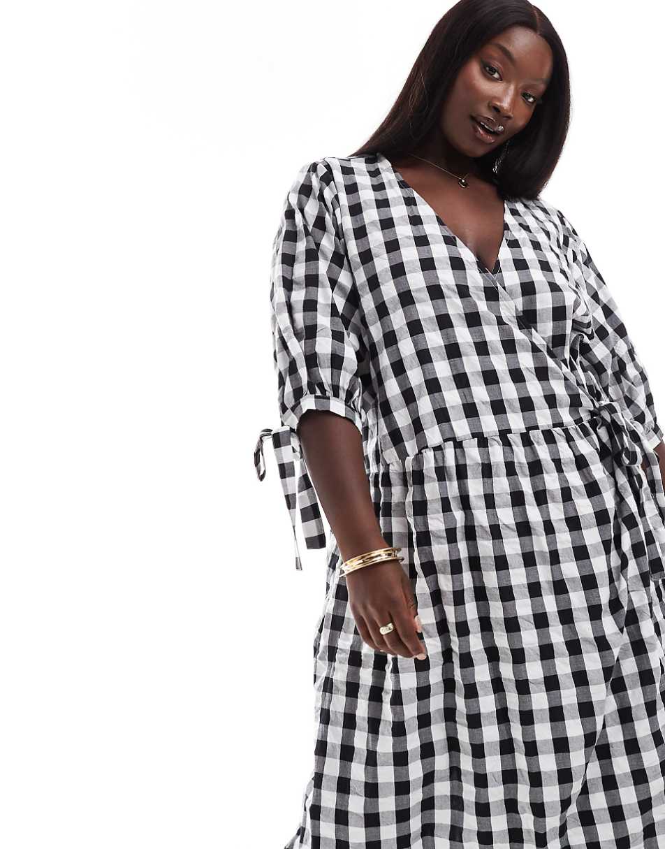 ASOS DESIGN Curve wrap midi smock dress in mono gingham