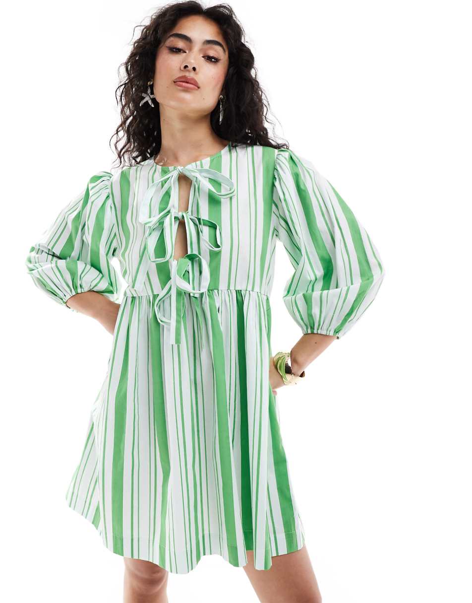 ASOS DESIGN bow tie front mini smock dress in apple stripe