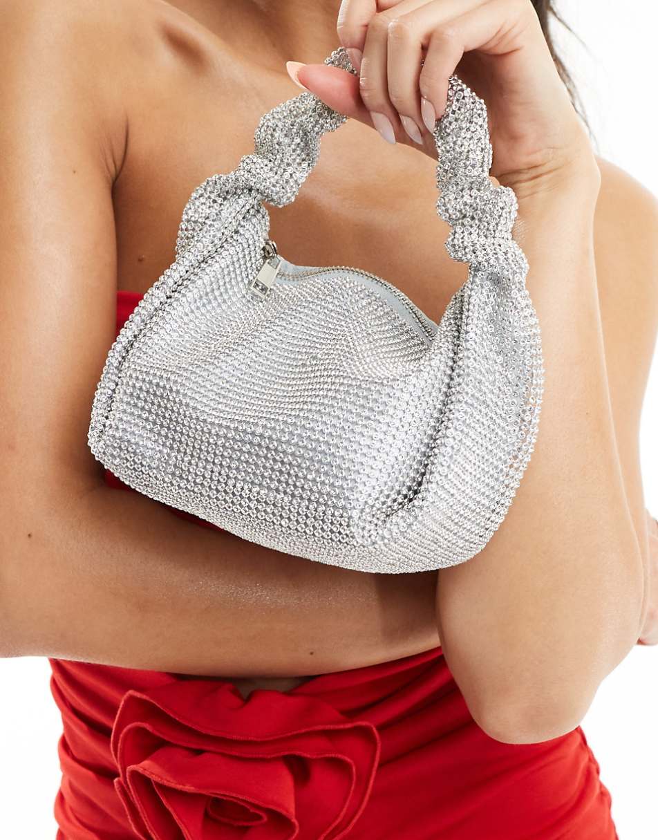 True Decadence crystal shoulder bag with ruched handle in silver