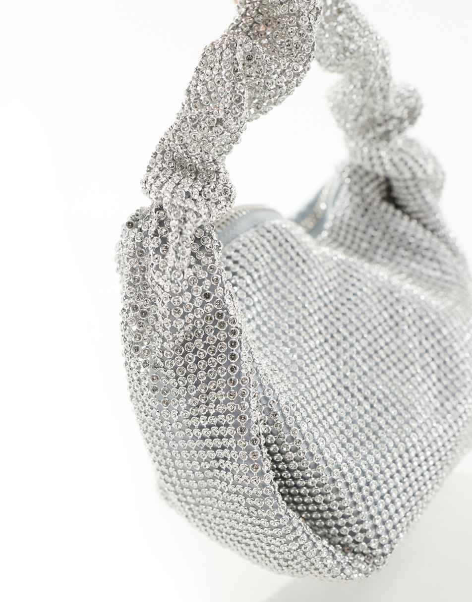 True Decadence crystal shoulder bag with ruched handle in silver