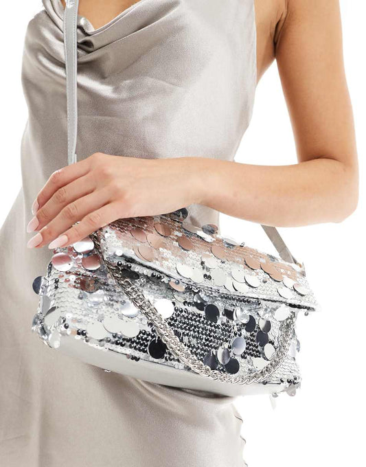 True Decadence sequin clutch bag with crossbody strap in silver