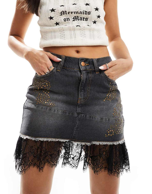 Reclaimed Vintage festival rhinestone mini skirt with lace detail