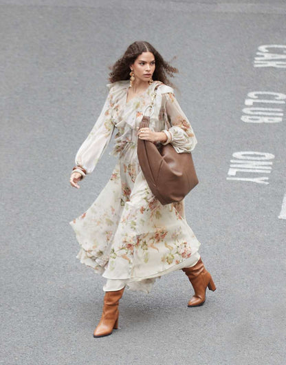 ASOS EDITION raw edge ruffle maxi dress with drawstring waist in cream floral print