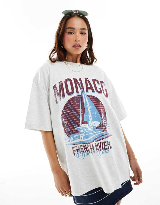 ASOS DESIGN boyfriend fit t-shirt with monaco yacht graphic in ice heather