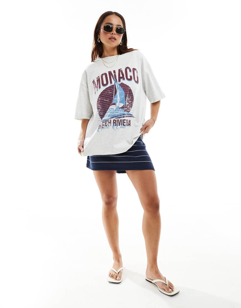 ASOS DESIGN boyfriend fit t-shirt with monaco yacht graphic in ice heather