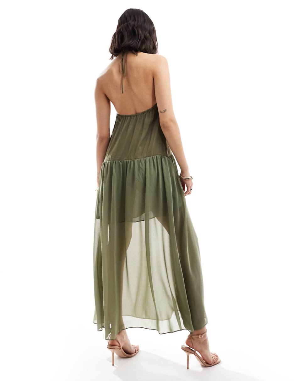 ASOS DESIGN halter trapeze cupro and chiffon maxi dress in khaki