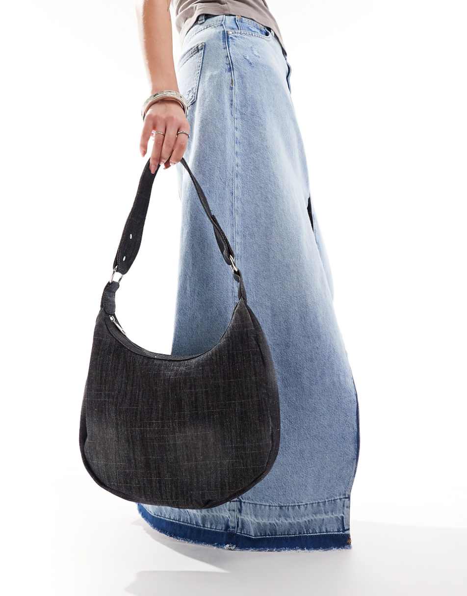 Glamorous washed denim shoulder crescent tote bag in black