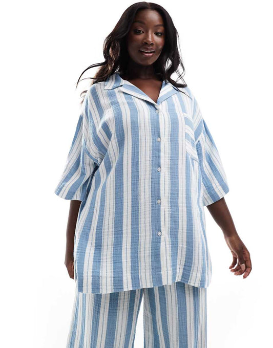 ASOS DESIGN Circular Design Collection Curve oversized bowling shirt in pajama stripe