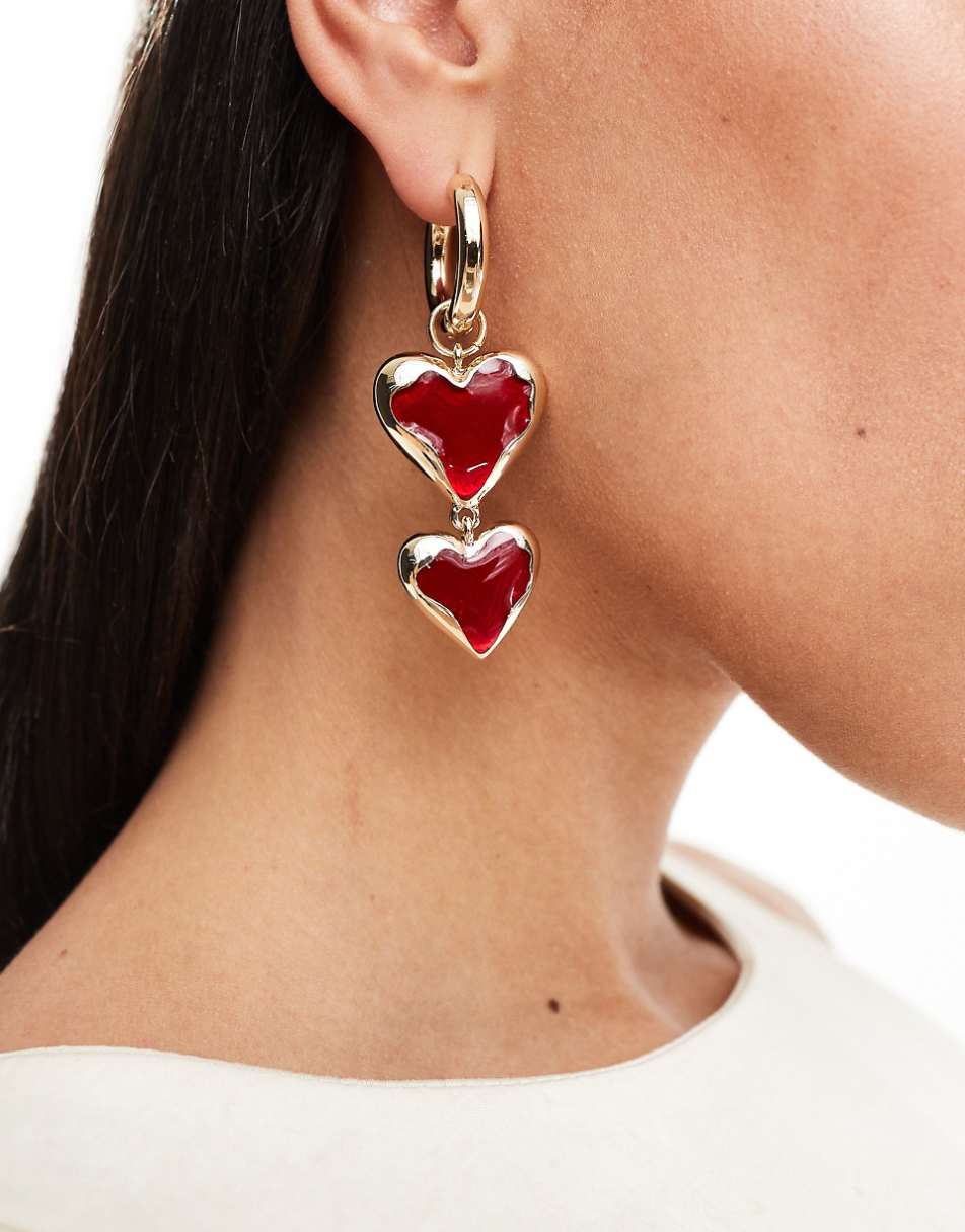 ASOS DESIGN drop earrings with red heart detail in gold tone