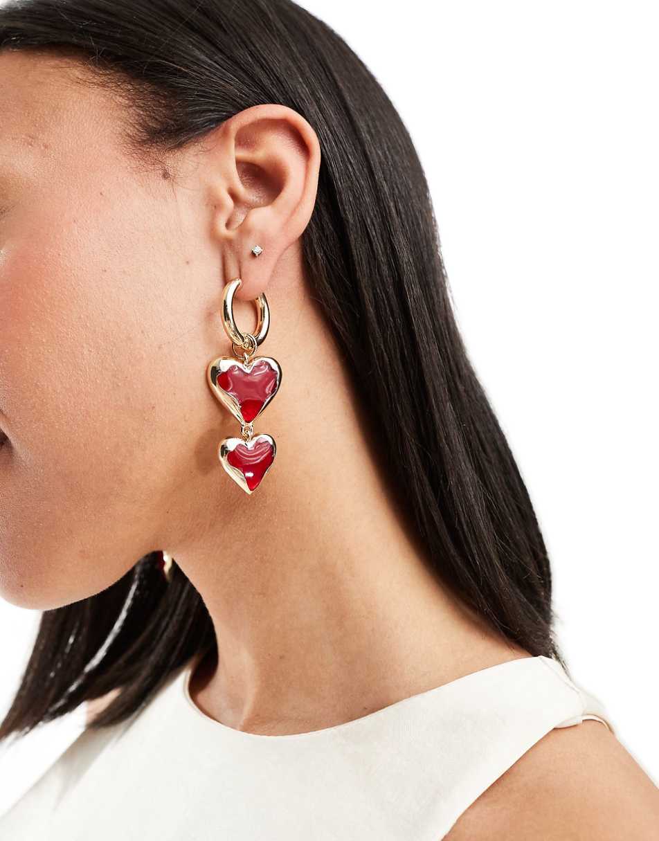 ASOS DESIGN drop earrings with red heart detail in gold tone