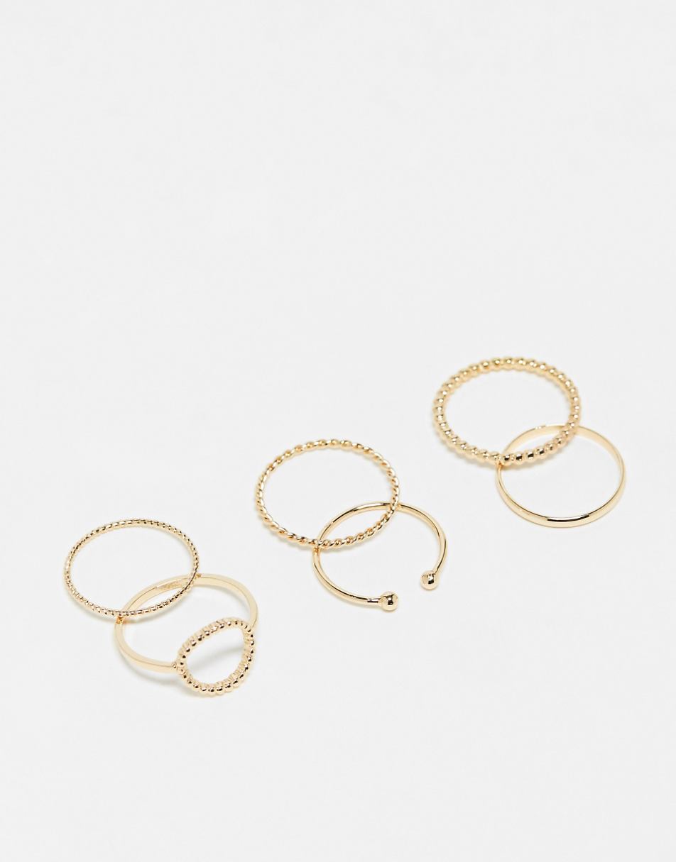 ASOS DESIGN Curve pack of 6 rings with open circle detail in gold tone