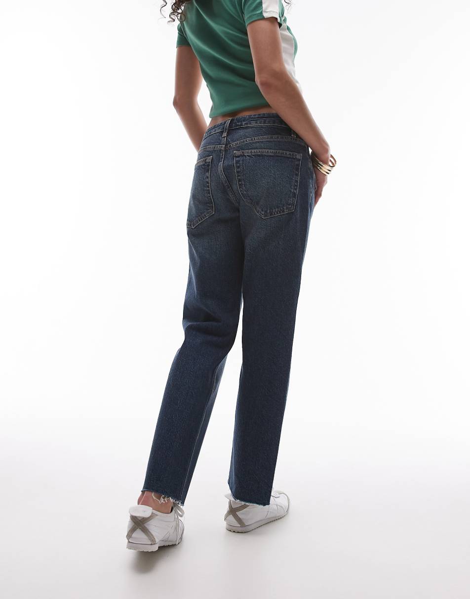 Topshop cropped mid rise straight jeans with raw hems in filthy rich blue