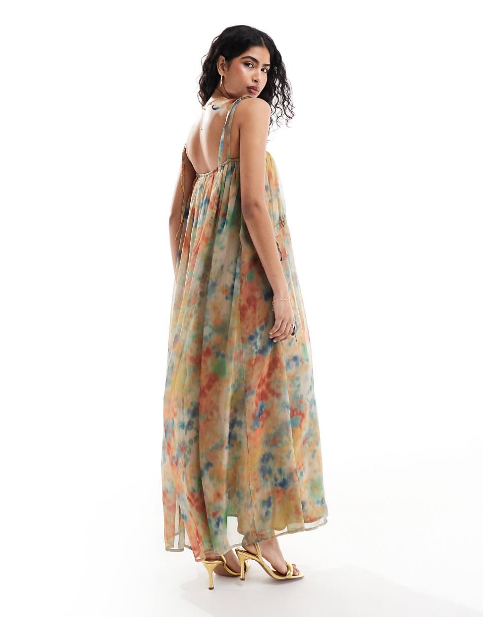 ASOS DESIGN gathered waist detail maxi slip dress in blur print