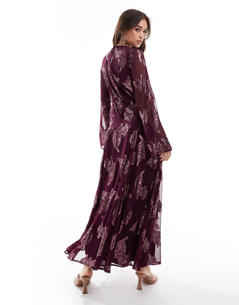 ASOS DESIGN metallic long sleeve midi dress with frill cuffs in purple