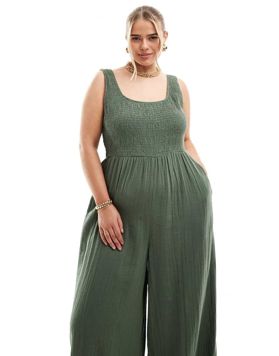 ASOS DESIGN Curve scoop neck wide leg jumpsuit in khaki