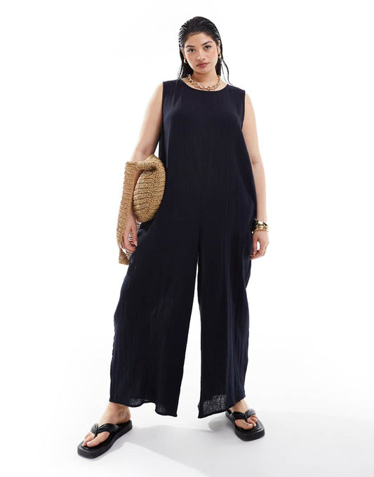 ASOS DESIGN Curve crew neck culotte romper jumpsuit in Black