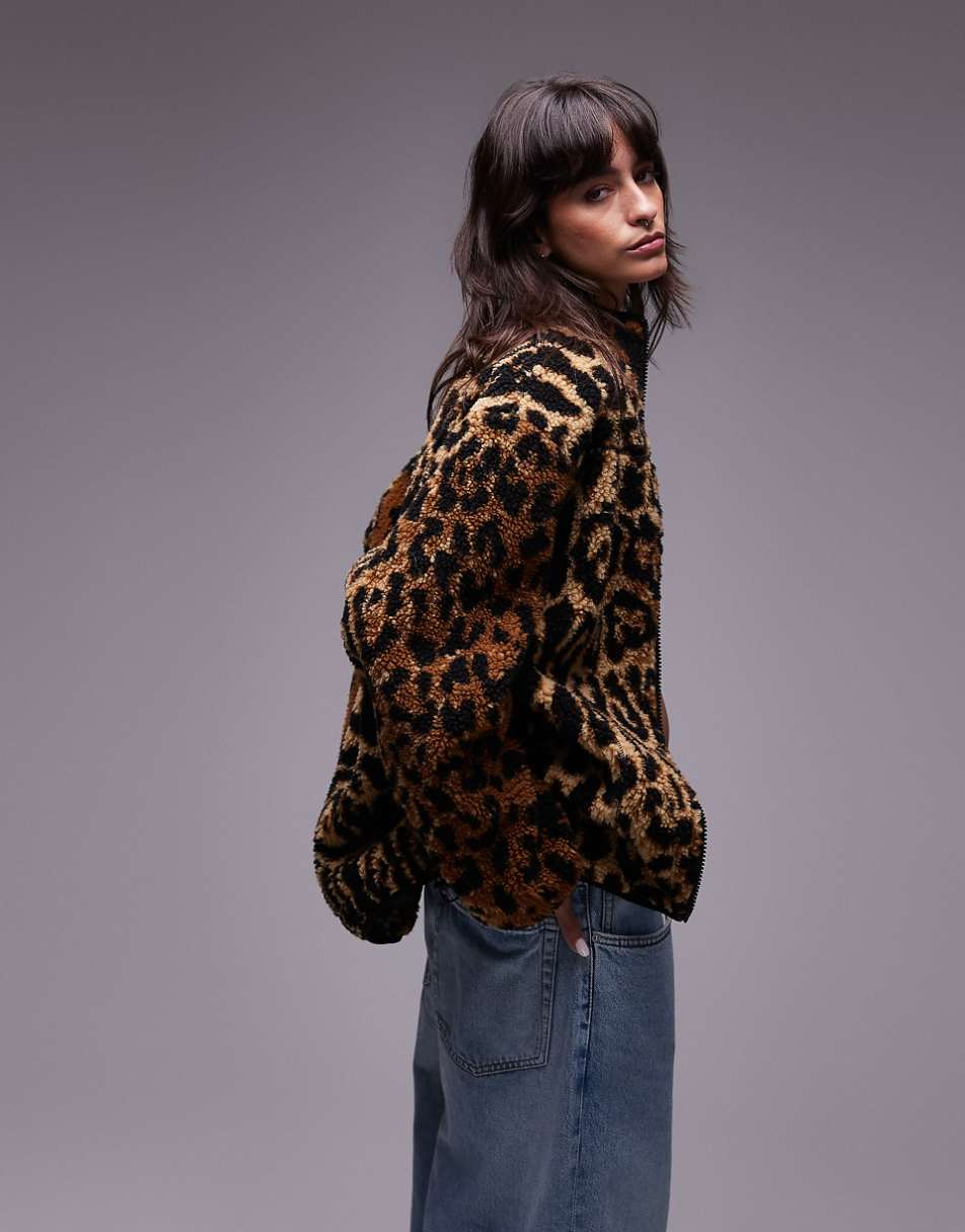 Topshop jacquard borg fleece in leopard