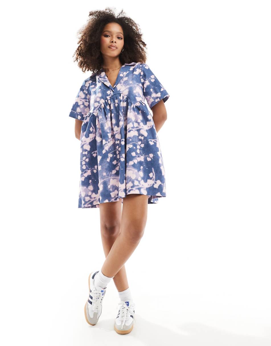 ASOS DESIGN mini shirt dress with camp collar and corset hem in blue abstract print