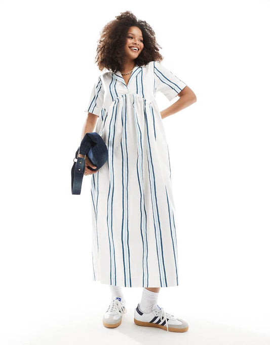 ASOS DESIGN midi shirt dress with camp collar and corset hem in two tone stripe