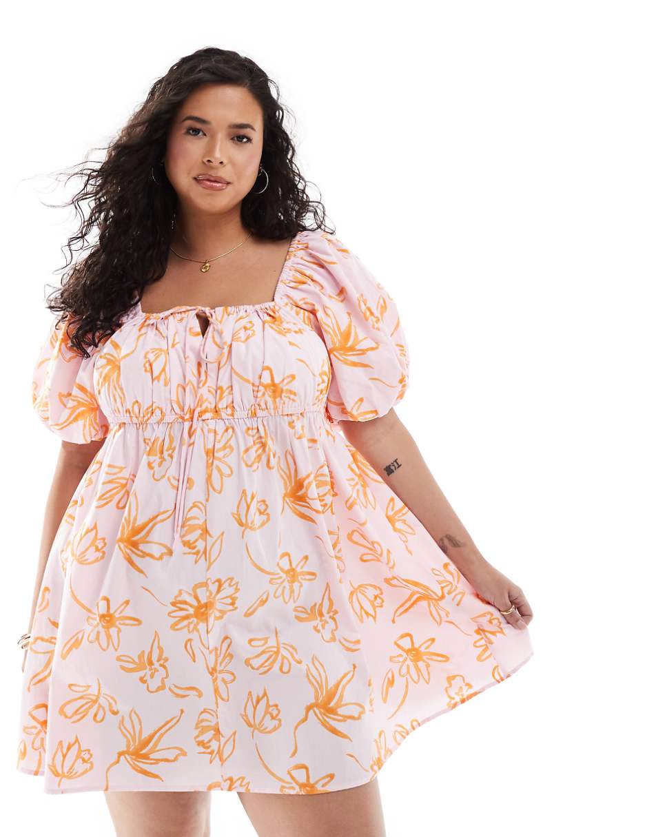 ASOS DESIGN Curve puffed sleeve smock mini orange floral print