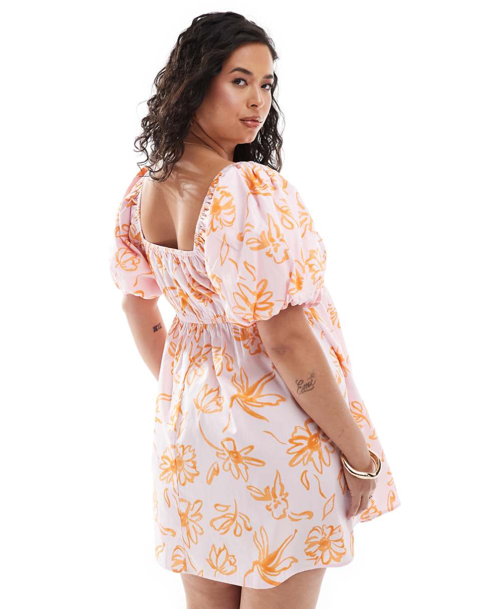 ASOS DESIGN Curve puffed sleeve smock mini orange floral print