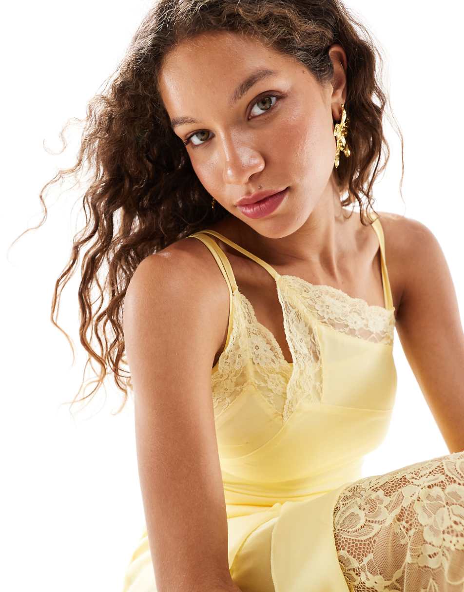 Reclaimed Vintage lingerie slip dress with lace detail in yellow