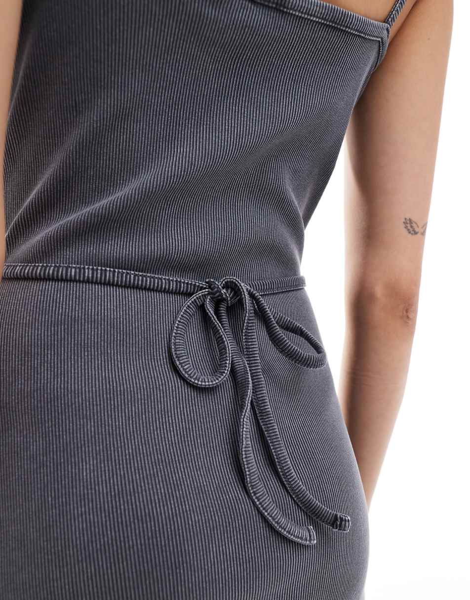 ASOS DESIGN cami skater mini dress with tie waist in washed gray