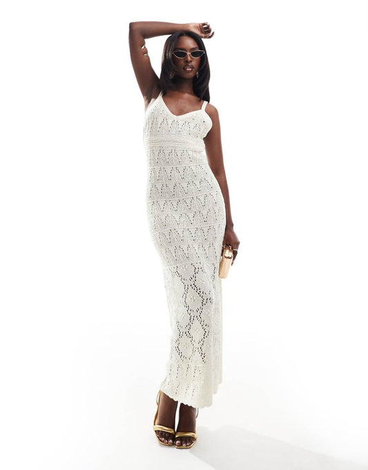 ASOS DESIGN knit crochet midaxi dress with metallic yarn in cream