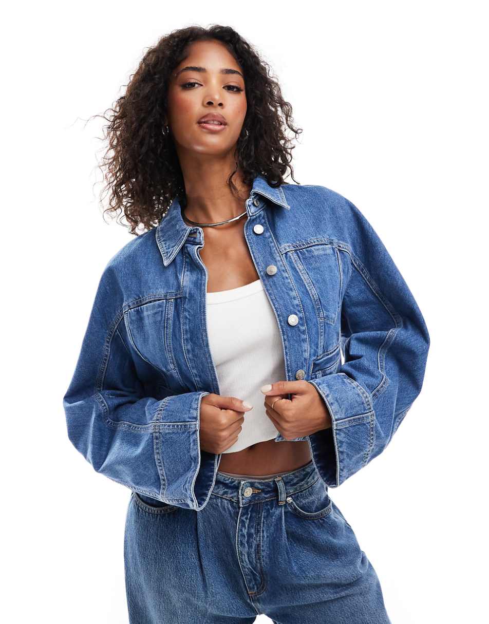 & Other Stories cropped denim jacket with volume sleeves in blue wash