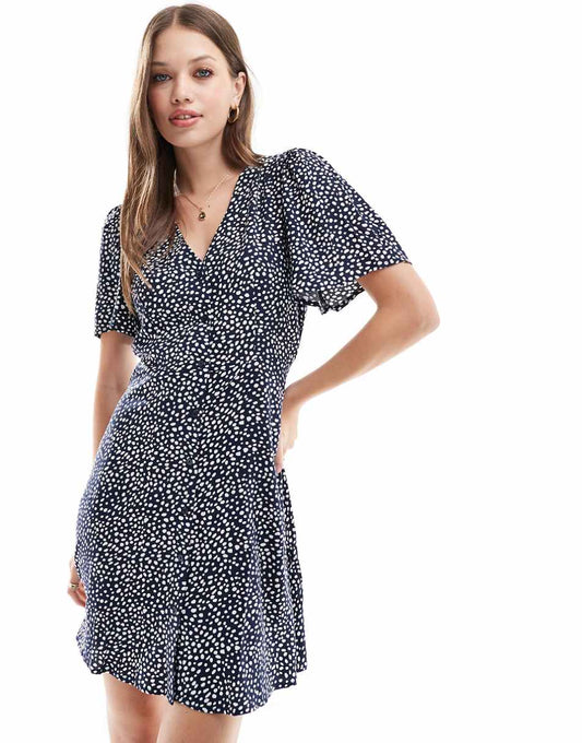 Vero Moda button up mini skater dress in navy spot print