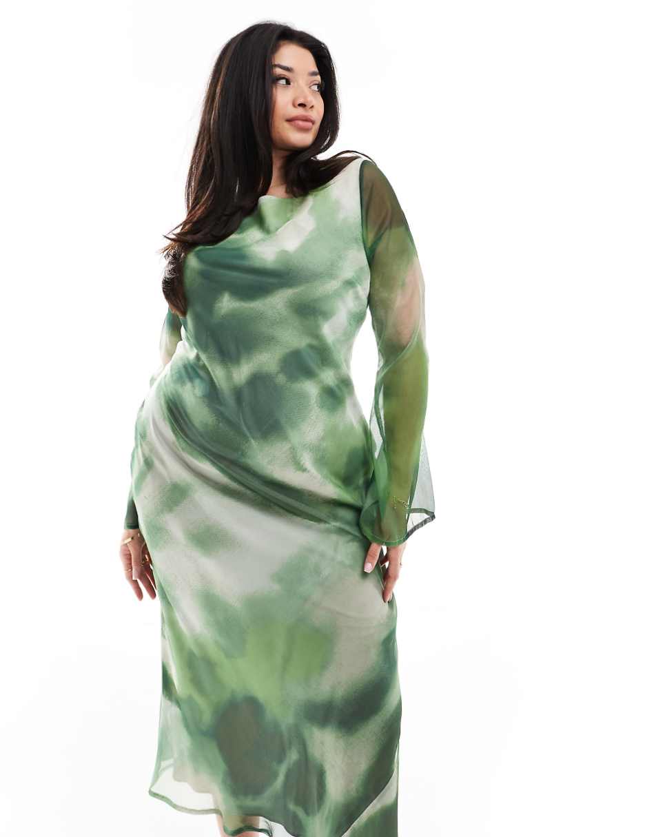 ASOS DESIGN Curve chiffon long sleeve midi dress in green abstract print