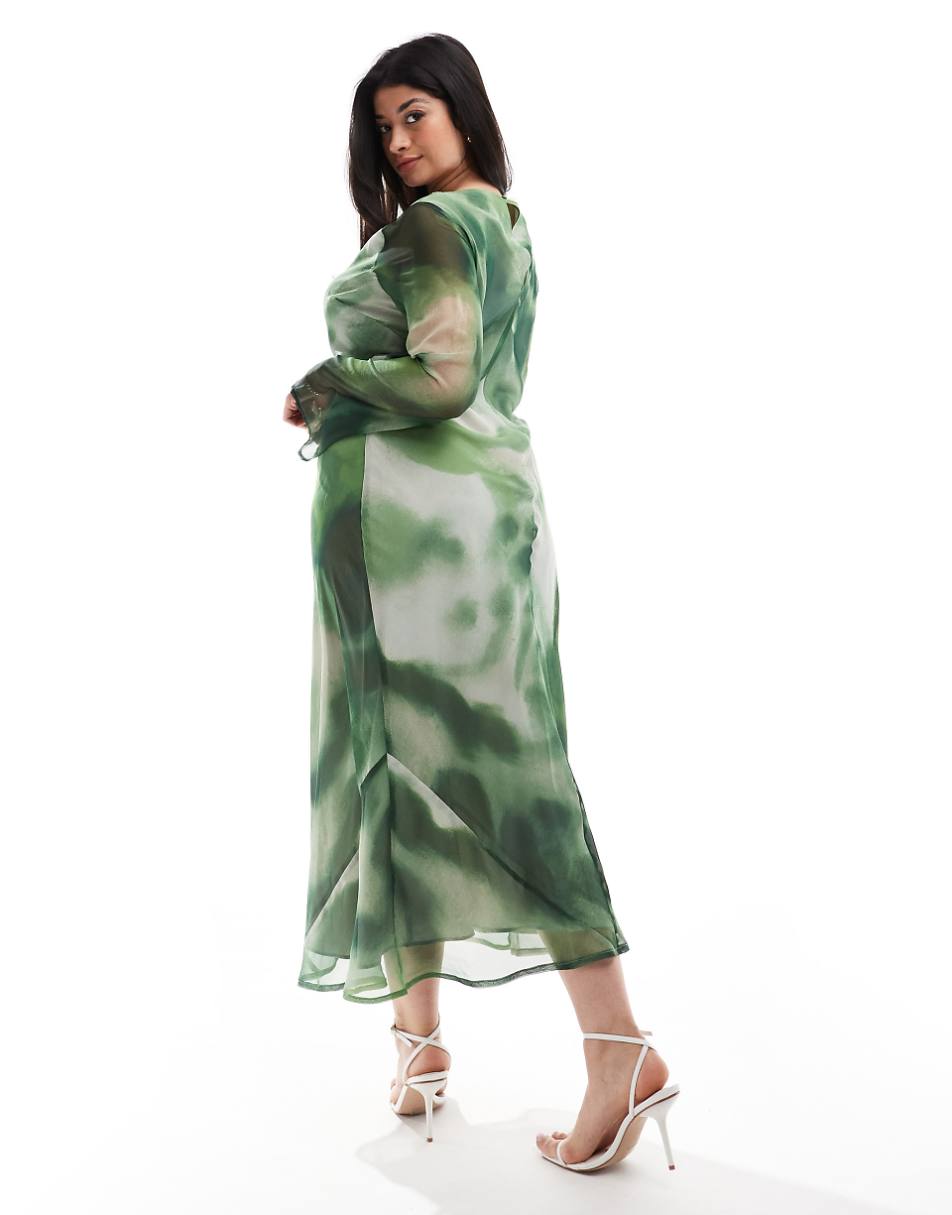 ASOS DESIGN Curve chiffon long sleeve midi dress in green abstract print