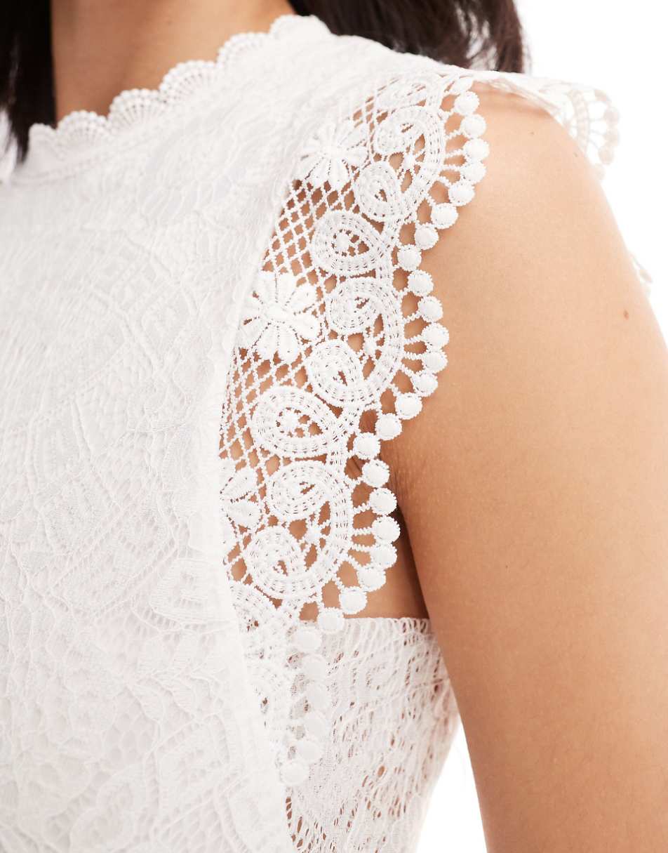 Pieces high neck sleeveless lace top in white