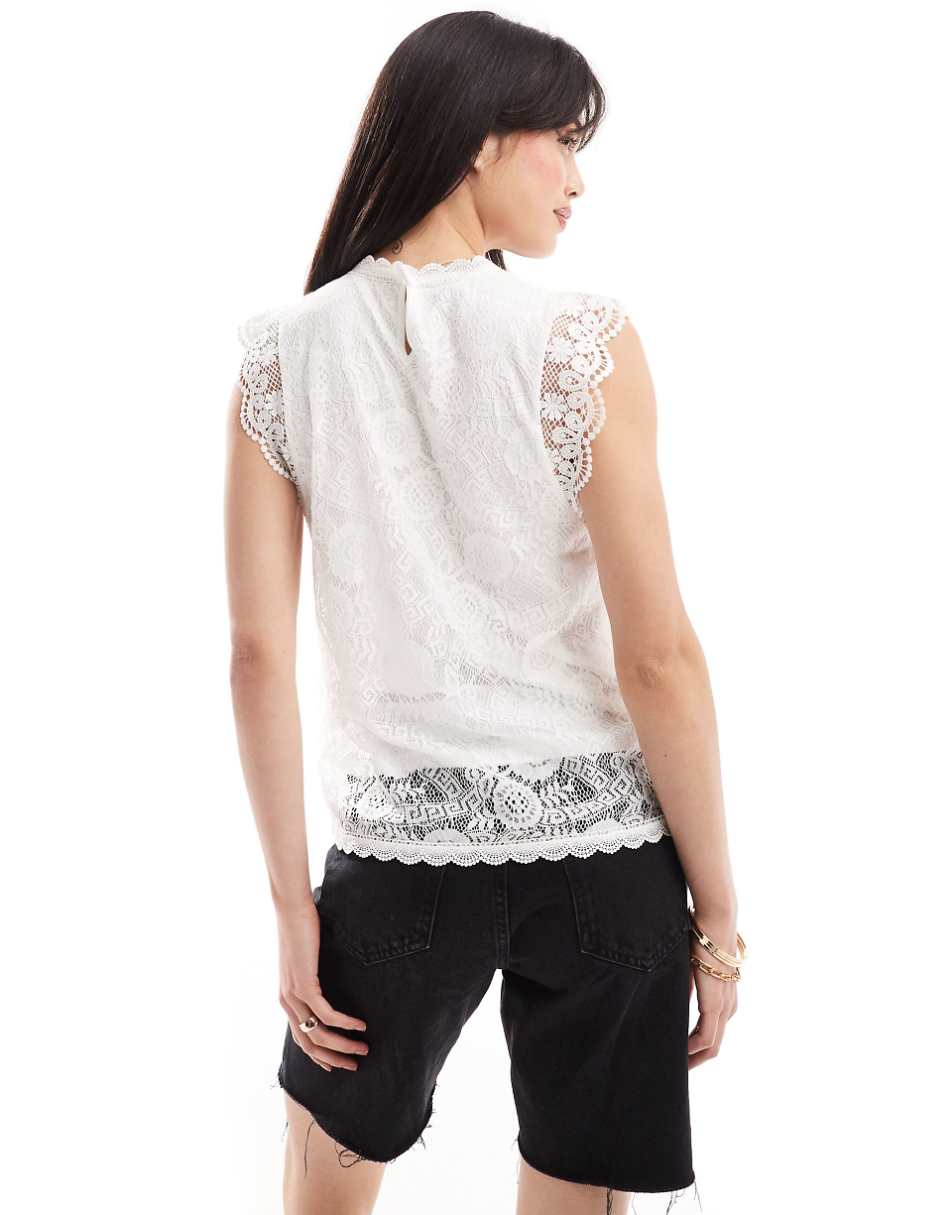 Pieces high neck sleeveless lace top in white