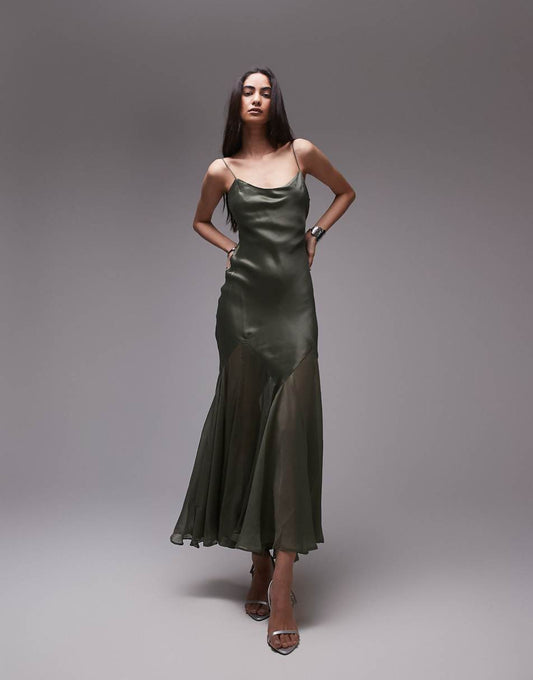 Topshop premium mixed fabric flare hem midi dress in khaki