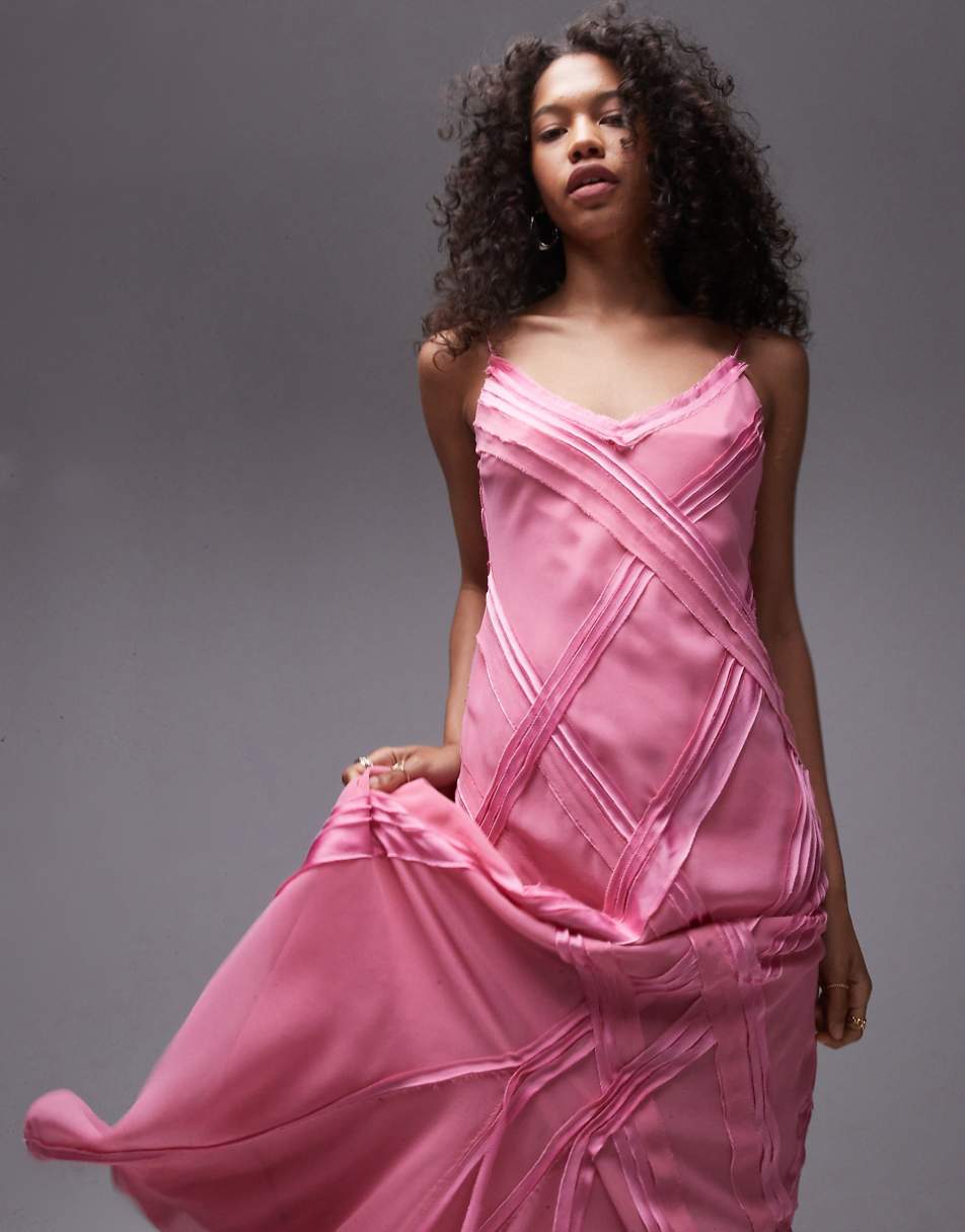 Topshop premium raw seam detail midi slip dress in sweet pink