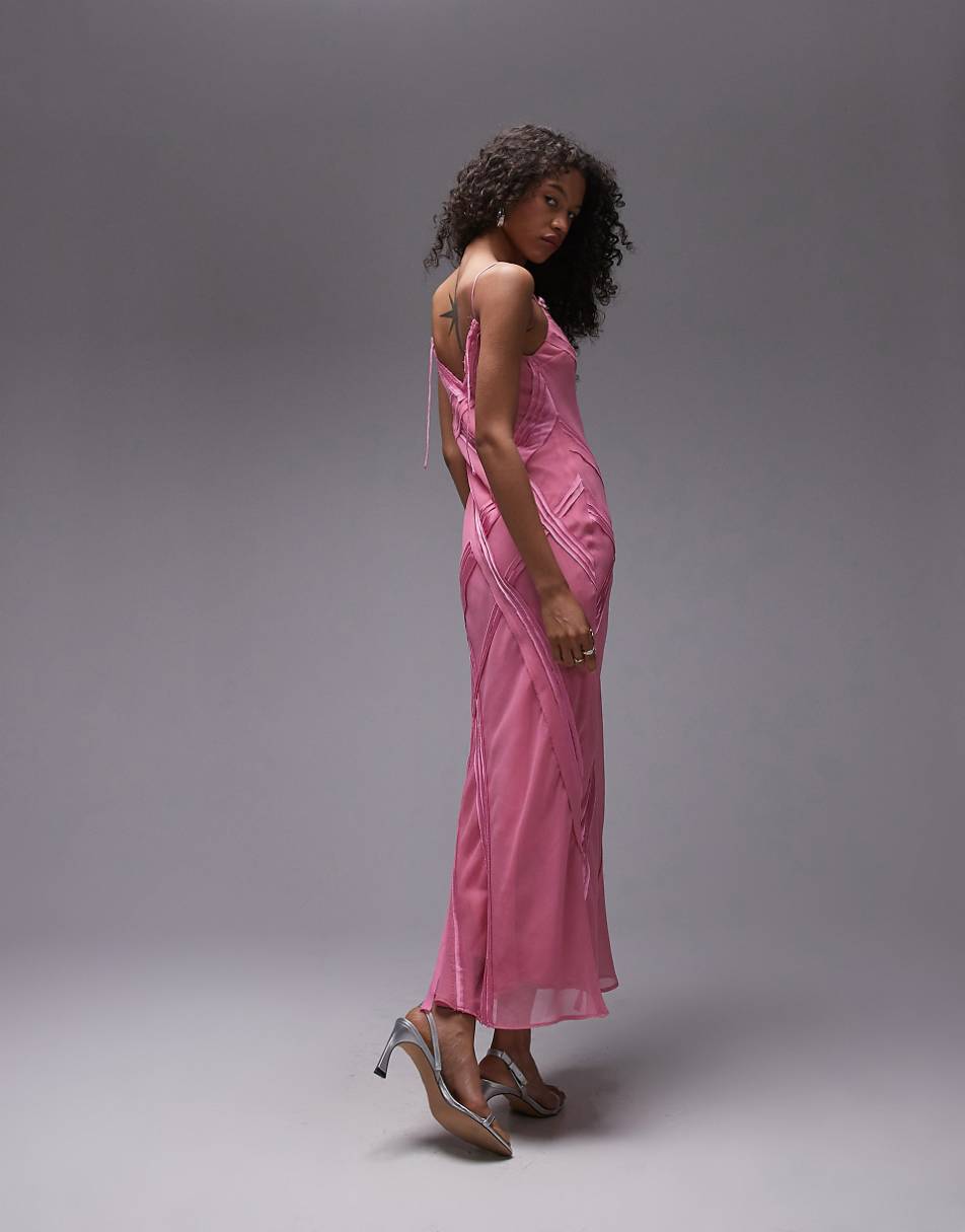 Topshop premium raw seam detail midi slip dress in sweet pink