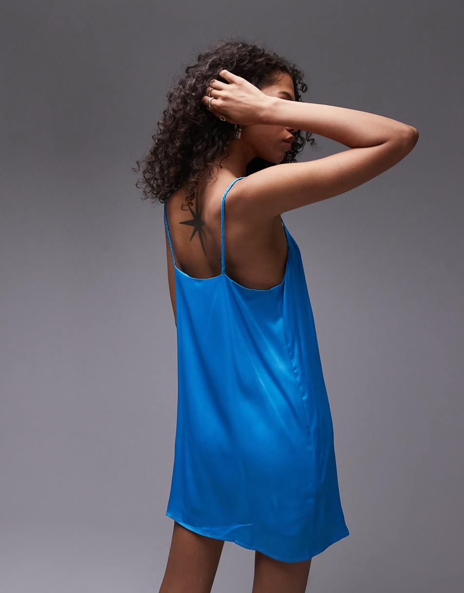 Topshop mini slip dress with plaited strap in blue