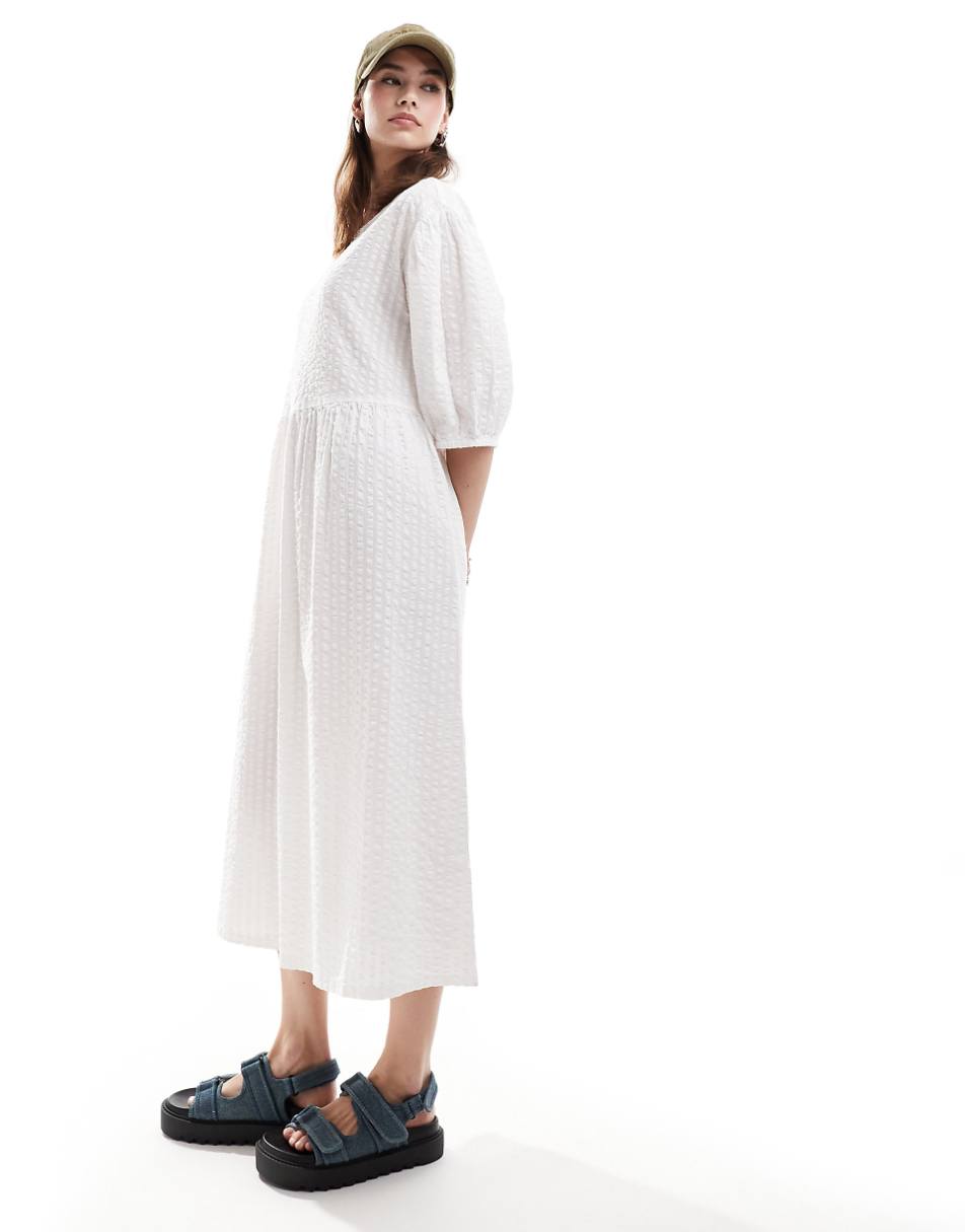 Monki seersucker smock midi dress in white