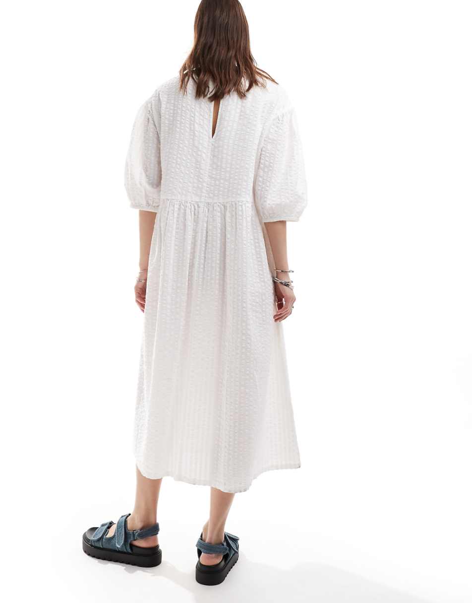 Monki seersucker smock midi dress in white