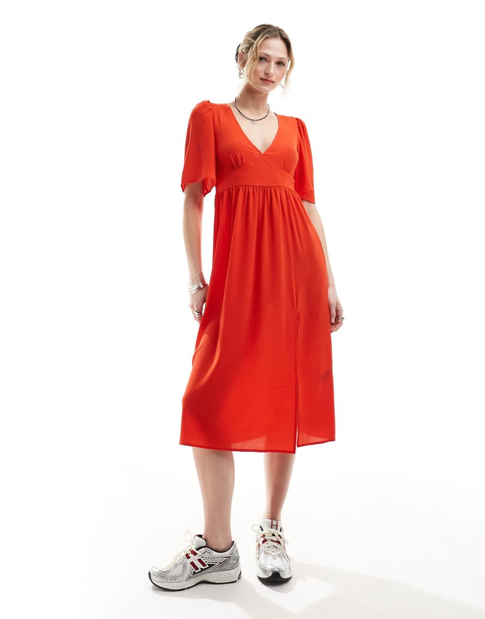 Monki short sleeve midi dress with side split in red exclusive to ASOS