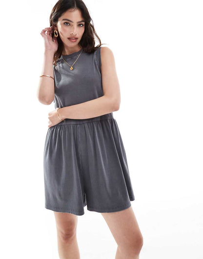 ASOS DESIGN ribbed tank romper in washed gray